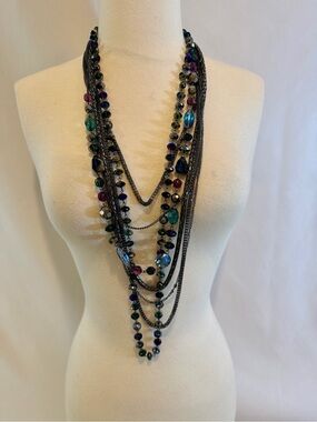 Multi-Strand Beaded Statement Gunmetal Chain Necklace & Bracelet Set